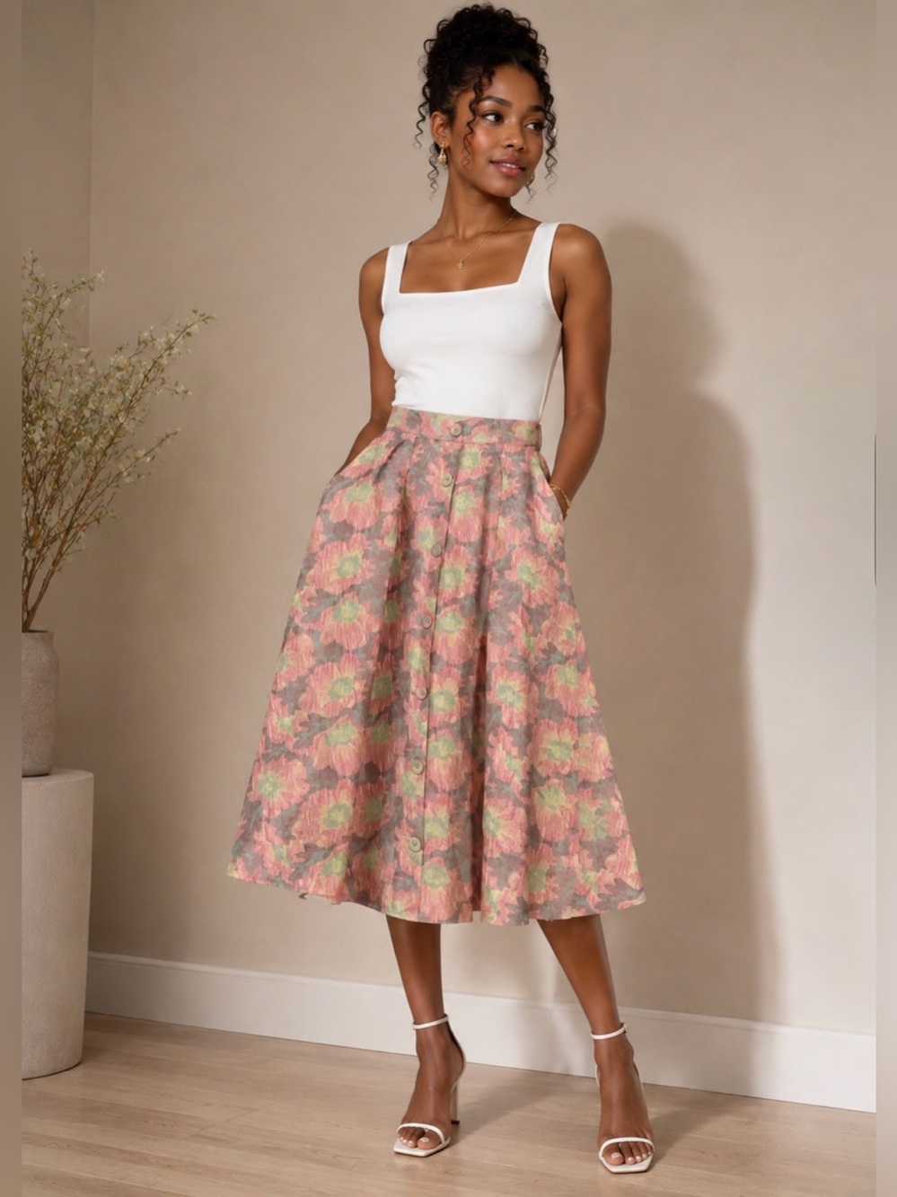 Abbey Glass High-Waist Floral Midi Skirt in Pink and Green